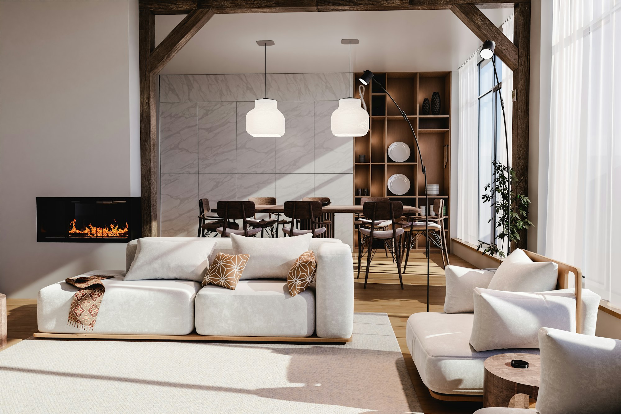 Interieur eines offenen Raums in einem modernen Immobilie mit weißen Möbeln in der Altstadt von Palma de Mallorca