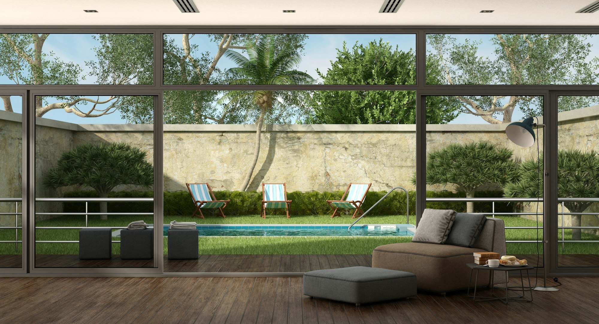 Living room of a property with pool in the garden in Font de Sa Cala