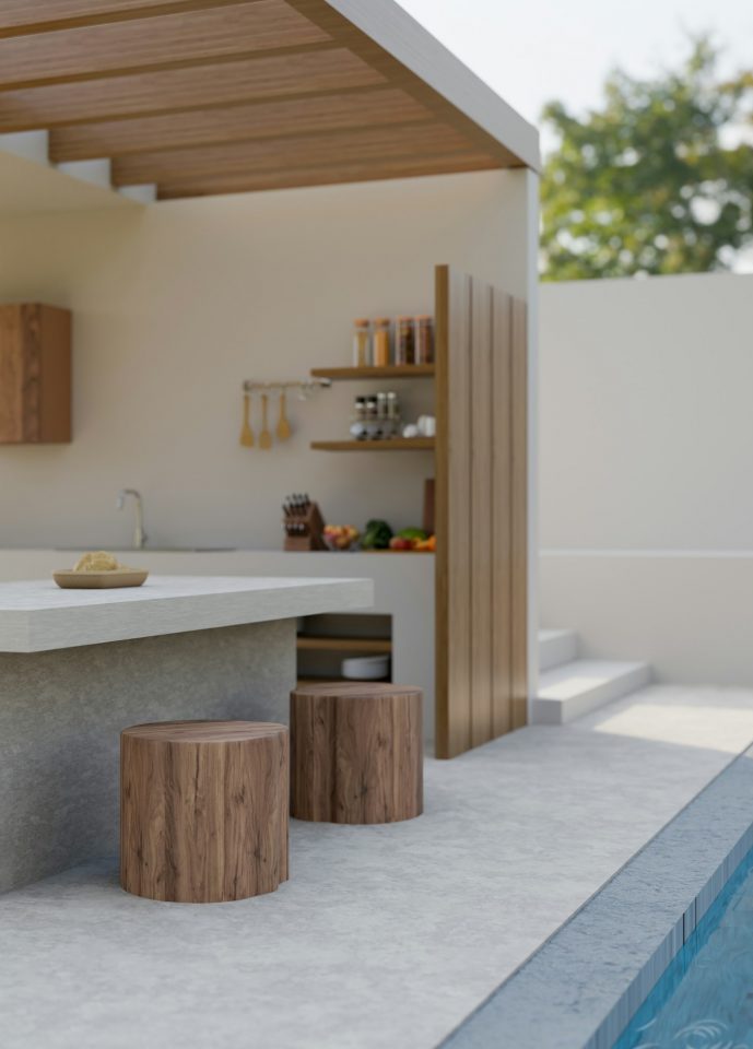 Modern pool villa with swimming pool, outdoor kitchen and cooking area in Mallorca