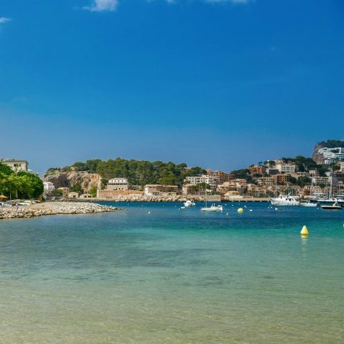 Picturesque view of a beach promenade in Port de Soller on Mallorca