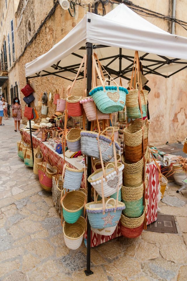 Street market with handmade bags in Capdepera Mallorca