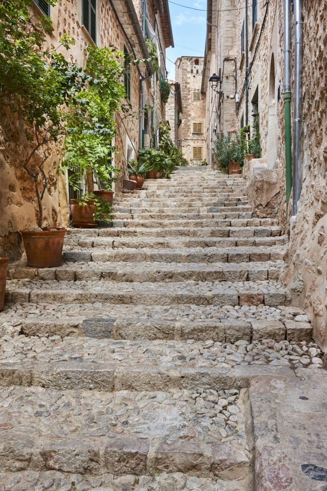 Traditional stone alley decorated with plants in Pollenca on Mallorca