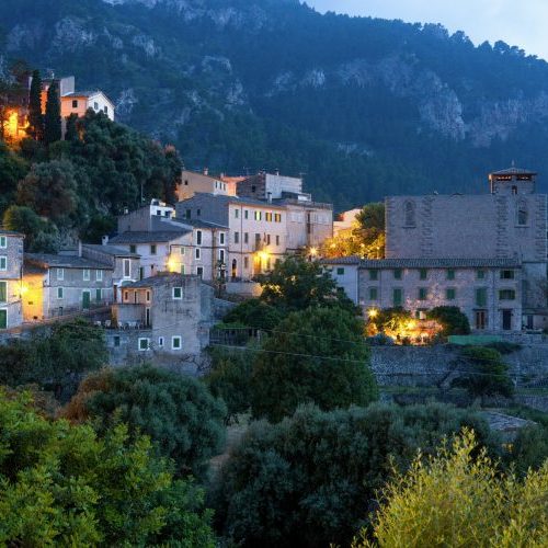 The village of Estellencs on Mallorca at dusk in the mountains of La Tramuntana